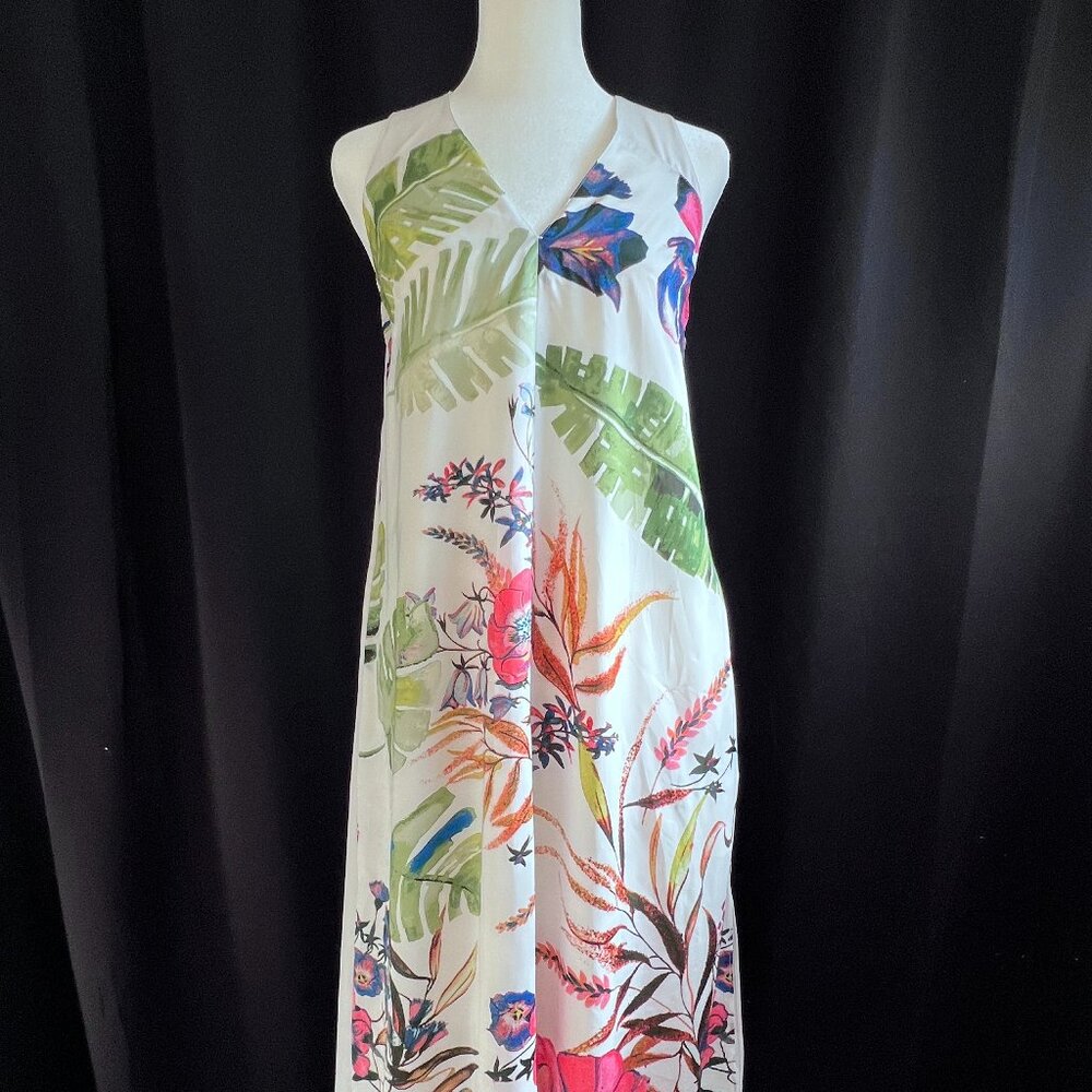 Rachel Rachel Roy White Tropical Floral Maxi Dress XS Sleeveless Crisscross Back